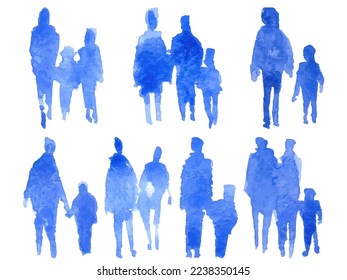 Siluetas acuarelas de personas, familia, pareja. Textura de papel acuarela. Siluetas vectoriales
