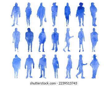 Siluetas acuarelas de personas, familia, pareja. Textura de papel acuarela. Siluetas vectoriales
