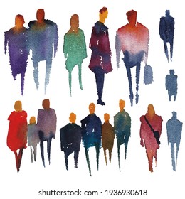 Watercolor Silhouettes Of People. Watercolor Paper Texture. Vector Silhouettes.