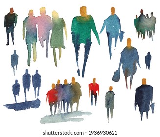 Watercolor silhouettes of people. Watercolor paper texture. Vector silhouettes.