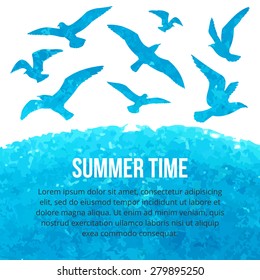 Watercolor silhouettes of seagulls flying over the sea. Vector illustration. Summer time
