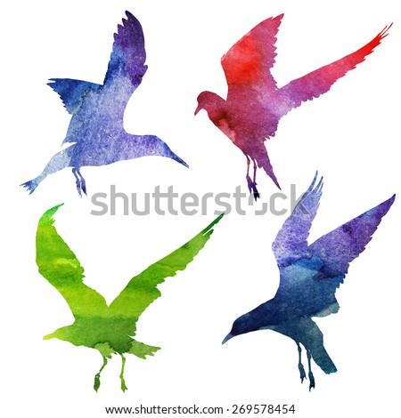 Watercolor silhouettes of seagulls. vector illustration