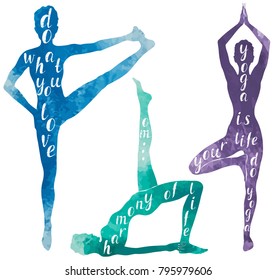 Watercolor Silhouettes of woman doing yoga or pilates exercise