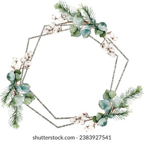 Watercolor silver Christmas frame with fir branches, leaves, pine, cotton. Winter greenery banner for christmas card.Vector. Hexagon silver border. Hand painted plant card with eucalyptus.