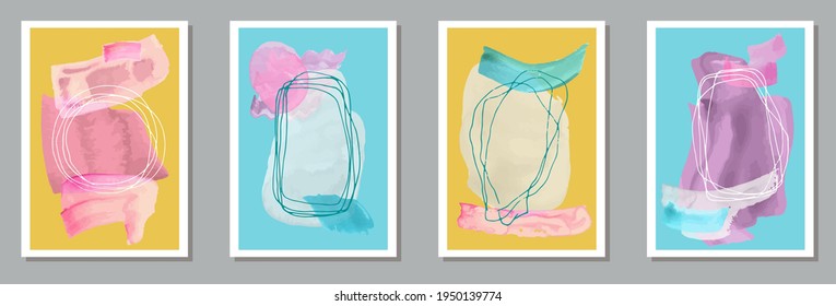 Watercolor simple canvas vector set. Watercolor stains backgrounds. 60s style prints. Stylish office poster templates. Brush stroke elements.