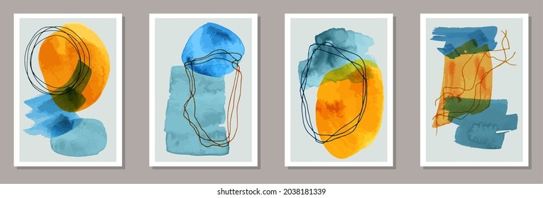 Cubiertas simples de color de agua conjunto de vectores. Fondo de manchas acuáticas. marcos de estilo escandinavo. Decoración de casa juvenil. Elementos de trazo de pincel.