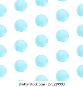 Watercolor simple ocean blue polka dot pattern. Seamless pattern on the white background. Vector illustration.