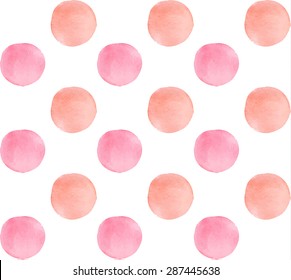 Watercolor simple pastel pink polka dots. Seamless pattern on the white background. Vector illustration.