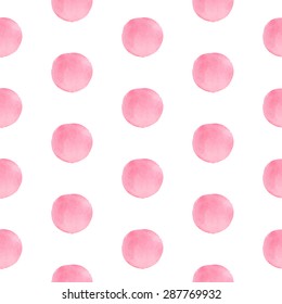 Watercolor simple pastel pink polka dots. Seamless pattern on the white background. Vector illustration.