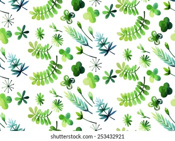 Watercolor simple plants. Vector seamless pattern. Spring leaves, flowers and branches