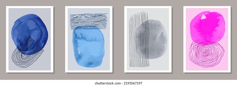 Watercolor simple posters vector collection. Watercolor smears patterns. Nordic style prints. Youth artwork layouts. Brush stroke elements.