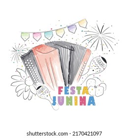 Watercolor sketch of an accordion Festa Junina poster Vector