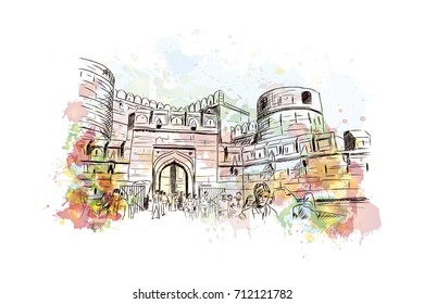 Watercolor sketch of Agra fort India in vector illustration.