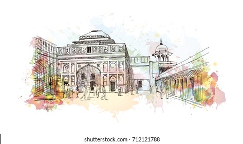 Watercolor sketch of Agra fort India in vector illustration.