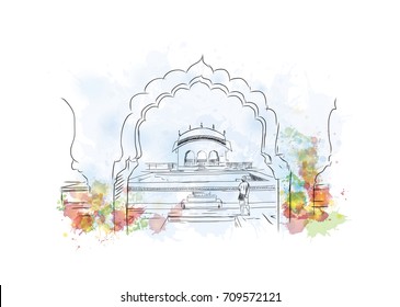 Watercolor sketch of Amer Fort Jaipur, Rajasthan, India in vector illustration.