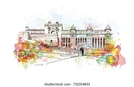 Esboço aquarela de Amer fort Jaipur Índia em ilustração vetorial.