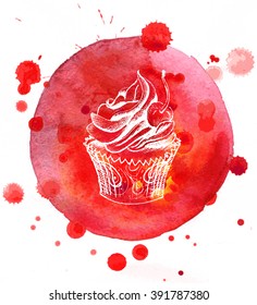 Watercolor sketch background cupcake with cherry