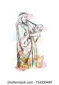 Watercolor sketch of Bagpipe Playing Arabic Man in vector illustration.