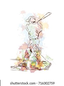 Watercolor sketch of Baseball player playing Baseball in vector illustration.