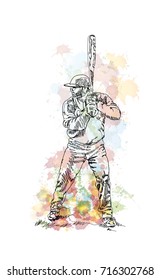 Watercolor sketch of Baseball player playing Baseball in vector illustration.