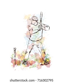 Watercolor sketch of Baseball player playing Baseball in vector illustration.