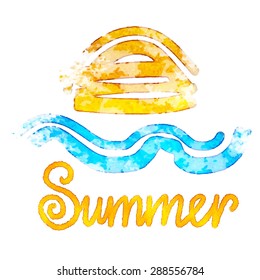 Watercolor sketch beach print sun, sea, word summer isolated on white background, icon, logo design