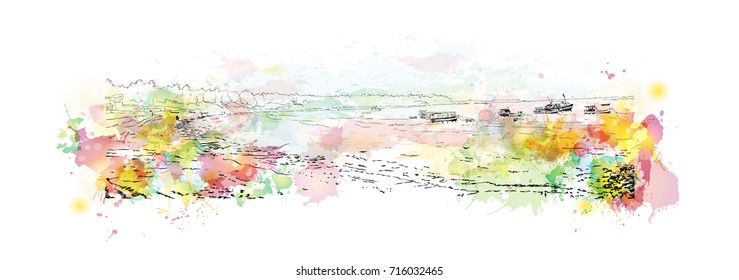 Watercolor sketch of Beach in vector illustration.