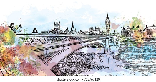 Watercolor sketch of Big Ben and bridge London, the capital of England and the United Kingdom in vector illustration.