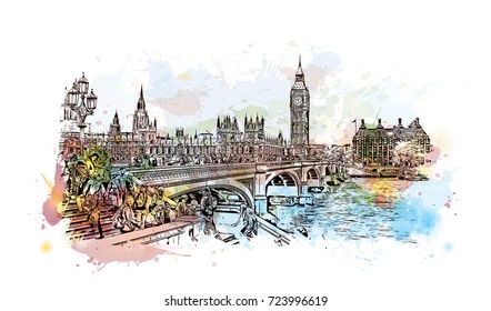 Watercolor sketch of Big Ben London, UK (United Kingdom, England) in vector illustration.