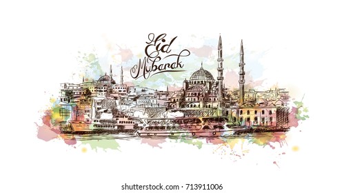 Watercolor sketch of Blue Mosque Istanbul Turkey with Eid Mubarak text in vector illustration.