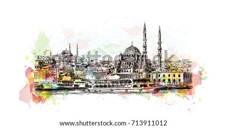 Watercolor sketch of Blue Mosque Istanbul Turkey in vector illustration.