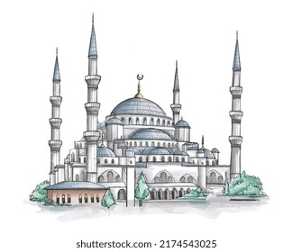 Aquarellskizze der Blauen Moschee Sultanahmet in Istanbul Türkei