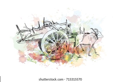 Watercolor sketch of Bull Cart in vector illustration.