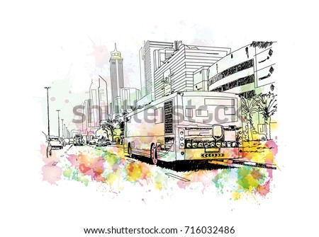 Watercolor sketch of Bus with Buildings Dubai in vector illustration.