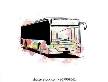 Watercolor with sketch of bus in vector.