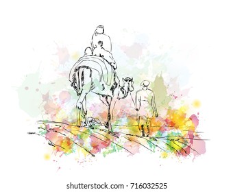 Watercolor sketch of Camel riding as a travel with people in vector illustration.