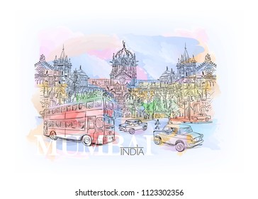 Watercolor sketch Chhatrapati Shivaji Terminus an historic railway station in Mumbai, Maharashtra, India. Vector illustration