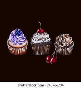 Watercolor sketch of chocolate cupcakes. Hand drawn marker illustration.