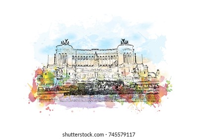 Watercolor sketch with color splash of Altar Of The Fatherland (Altare Della Patrian) Rome, Italy in vector illustration.