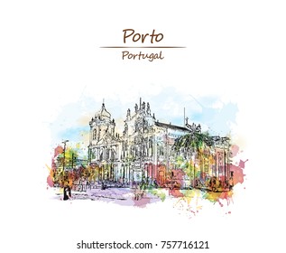 Watercolor sketch with color splash of Carmelites church Porto, Portugal in vector illustration.