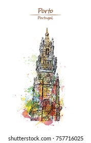 Watercolor sketch with color splash of Clerigos Tower (1763), part of Clerigos Church, is one of paradigmatic architectural landmarks of Porto, Portugal in vector illustration.