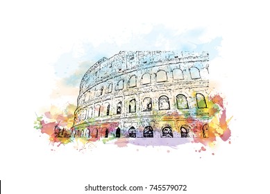 Watercolor sketch with color splash of Colosseum Rome, Italy in vector illustration.