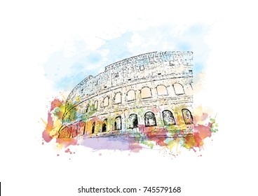 Watercolor sketch with color splash of Colosseum Rome, Italy in vector illustration.