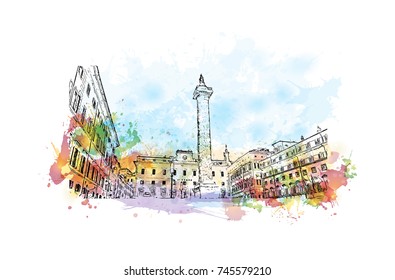 Dibujo acuarela con salpicadura de color de Fontana Di Piazza Colonna, Roma Italia en ilustración vectorial.