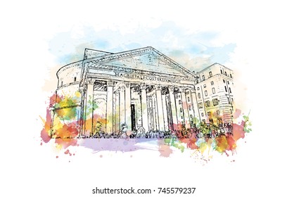 Watercolor sketch with color splash of Pantheon Rome, Italy in vector illustration.