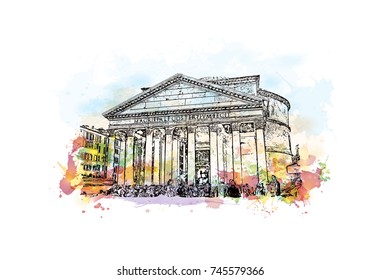 Watercolor Sketch With Color Splash Of Pantheon Rome, Italy In Vector Illustration.