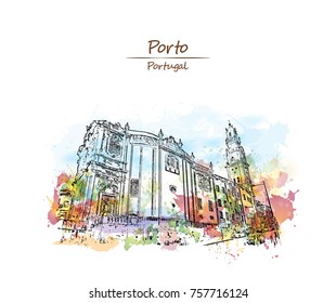 Watercolor sketch with color splash of Porto City Hall on Liberdade Square, Porto, Portugal in vector illustration.