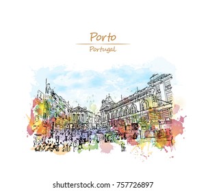 Watercolor sketch with color splash of Porto, Portugal in vector illustration.