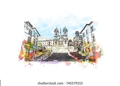 Watercolor sketch with color splash of The Spanish Steps are a set of steps in Rome, Italy in vector illustration.