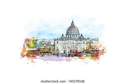 Watercolor sketch with color splash of St. Peter's Basilica in the Vatican City, the papal enclave inside Rome, Italy in vector illustration.